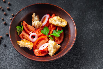 salad panzanella tomato, dried toast bread, onion meal snack copy space food background