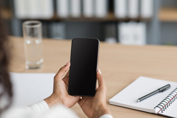 Business woman calls online in office, new normal and social distance