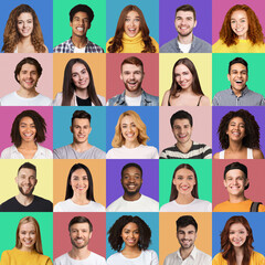 Fototapeta na wymiar Portraits of positive multiracial millennial people posing on colorful backgrounds