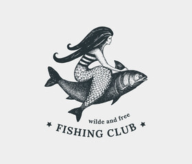 Silhouette of a mermaid riding a fish. Logo, trademark, design element in vintage style.