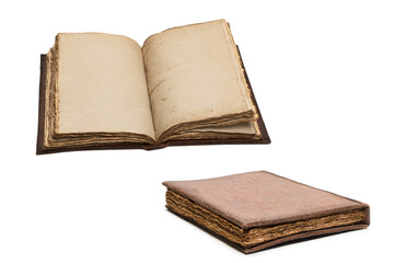 An open empty old notebook isolated on a white background.
