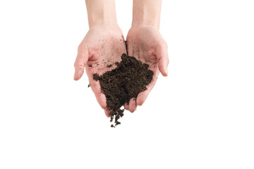 Brown soil in woman hands isolated on white.