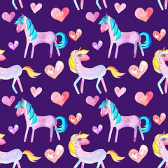 Seamless pattern of watercolor illustrations: pink unicorns with hearts on a dark purple background, textile, bedding
