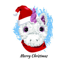 New year card with a unicorn wearing a santa caus hat. - 477962456