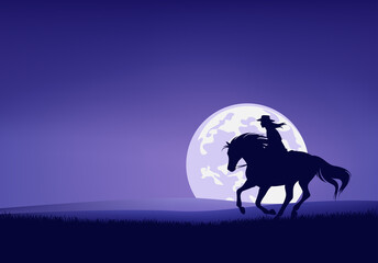 american cowgirl riding horse in prairie against full moon - legend wild west scene silhouette landscape vector design