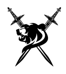 roaring wild bear head with crossed knight swords - medieval heraldry black and white vector design