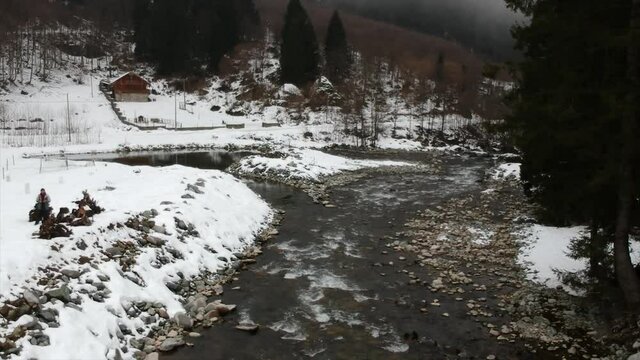 Firtina river in northern Turkey. Aerial view. winter landscape with houses