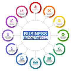 Business infographic vector template for chart, webinars, flat design presentation, editable workflow, graph with 12 options ready to use