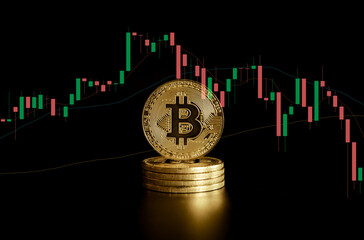 Close up of golden bitcoin coin on black background with trading graph