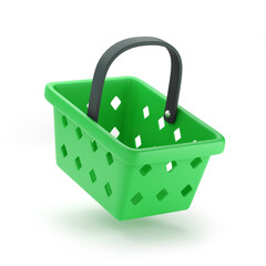 Shopping basket. Green plastic grocery or food cart in cartoon style, isolated on white. 3d rendering.