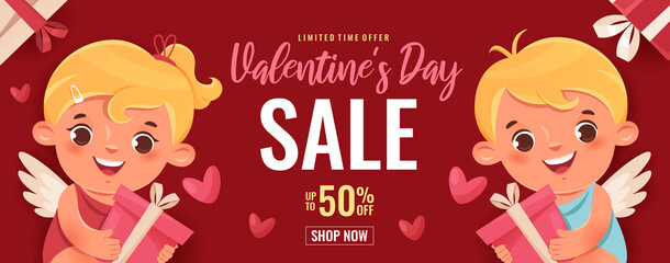 Valentines day sale poster with cute cupids, gifts, red and pink hearts. 