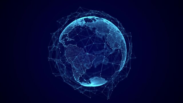 Global world network concept. Safety wireless network connection technology. Big data analytics and visualization. Science background with blue planet Earth. 3D rendering.