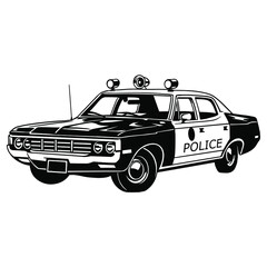 Police car realistic sketch. Vector illustration in black and white. Coloring paper, page, book. Vector.Police interceptor. Sheriff's Car svg cutting print
