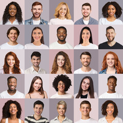 Fototapeta na wymiar Positive multiracial men and women cheerfully smiling at camera, collage