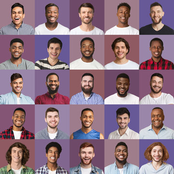 Diverse happy male faces with different hairstyles, set of photos