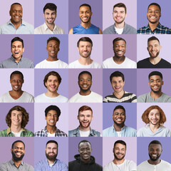 Collection with handsome men portraits on purple background