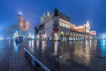 Krakow Poland December 17, 2021; The architecture of the city of Kraów in the evening time.