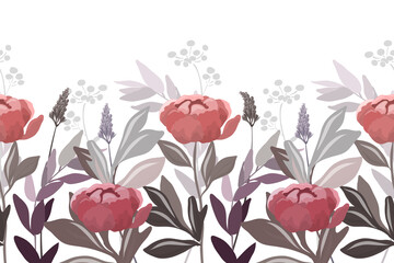 Vector floral seamless pattern, border. Horizontal panoramic image of red flowers with dark gray leaves.