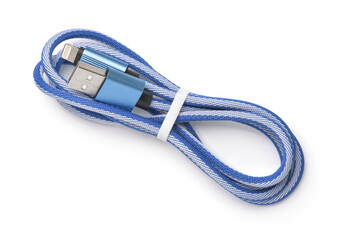 Top view of  blue USB to Lightning phone cable