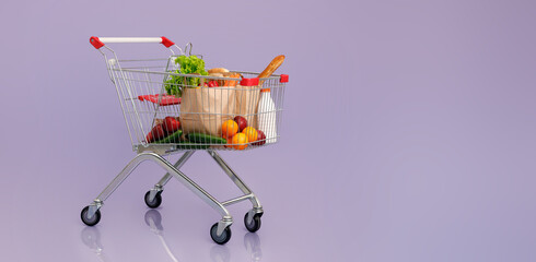Shopping cart full of various products.  Isolated concept image of the shopping with copy space.