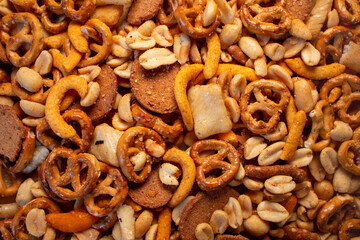 natural healthy trail mix snacks food display nuts peanuts pretzels corn sticks rye chips rice...