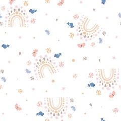 Boheemse stijl regenboog, blauwe vogeltje, schattige vlinder naadloze patroon, eenvoudige cartoon vectorillustratie, herhaal sieraad, wenskaart illustratie voor kinderen, kinderdagverblijf inrichting, poster, textiel