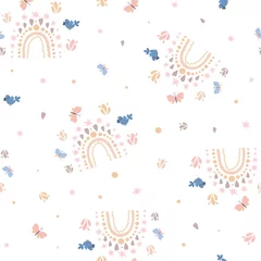 Sheer curtains Rainbow Bohemian style rainbow, little blue bird, cute butterfly seamless pattern, simple cartoon vector illustration, repeat ornament, greeting card illustration for children, nursery decor, poster, textile