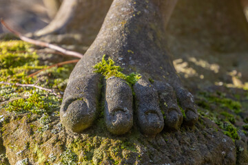 Front view of a human foot of a sandstone statue covered with moss, focus on foreground