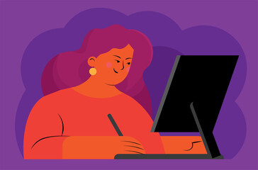 Female flat character drawing on a computer, digital artist, graphic designer illustration. Woman working in office