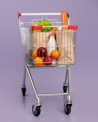 Shopping cart full of various products.  Isolated concept image of the shopping with copy space.