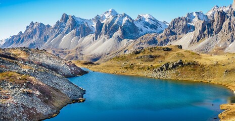 Lake Long view in Ecrins national park near refuge Drayeres, France