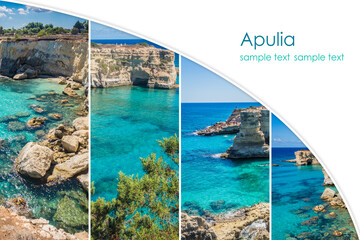 Apulia collage with copy space for text. Torre Sant Andrea near Torre dell'Orso, Salento, Puglia, Italy. Rocky sea coast with cliffs. Beaches with turquoise clear water. Beautiful postcard mockup.