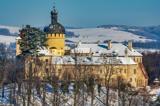 Grabstejn Castle in snow landscape