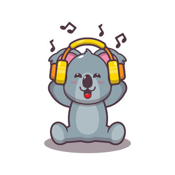 Cute koala listening music with headphone. Cute cartoon animal illustration.