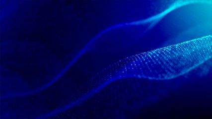  Abstract blue background. Design 3d wave, spiral, DNA. Pattern of circles, dots. Neon glow. Bright stars. Blurring of particles. Outer space, matter. Milky Way. Poster technology, medicine, business.