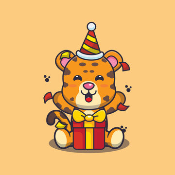 Cute leopard in birthday party. Cute cartoon animal illustration.