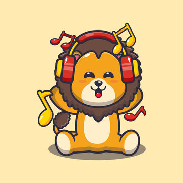 Cute lion listening music with headphone. Cute cartoon animal illustration.