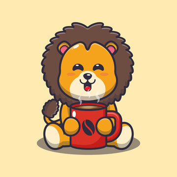 Cute lion with hot coffee. Cute cartoon animal illustration.