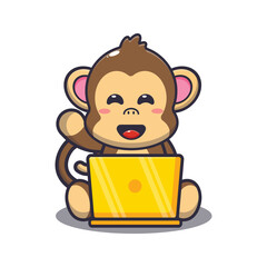 Cute monkey with laptop. Cute cartoon animal illustration.