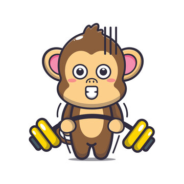 Cute monkey lifting barbell. Cute cartoon animal illustration.