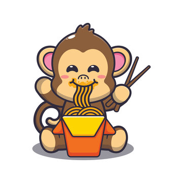 Cute monkey eating noodle. Cute cartoon animal illustration.