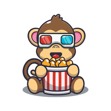 Cute monkey eating popcorn and watch 3d movie. Cute cartoon animal illustration.