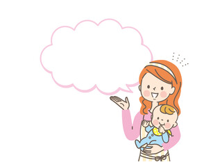 赤ちゃんを抱っこして説明する若いママ