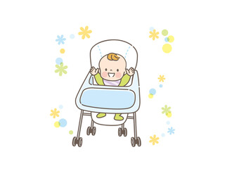 笑顔でベビーチェアに座る赤ちゃん