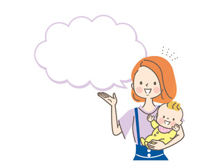 赤ちゃんを抱っこして説明する若いママ