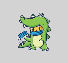 cute baby crocodile wear a mask. cartoon animal nature concept Isolated illustration. Flat Style suitable for Sticker Icon Design Premium Logo vector. Mascot Character