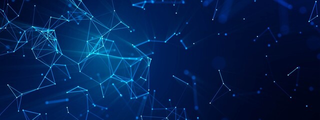 Abstract neon blue background. Design damaged network, plexus, connections. Dots and lines with wavy pattern, luminous frame. World Wide Web. Poster technology, medicine, websites.