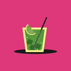 Cocktail with ice, lime and straw in a glass on a bright pink background.