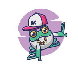 cute frog dancer hiphop hat golden necklace. cartoon animal hobby concept Isolated illustration. Flat Style suitable for Sticker Icon Design Premium Logo vector. Mascot character