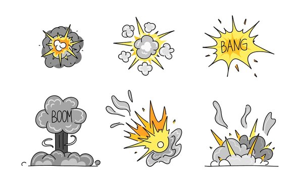 Comic explosion set. Bomb explosion, meteorite fall, smoke cloud and fire flash. Atomic boom or dynamite detonation, doodle style, vector cartoon hand drawn color isolated illustration